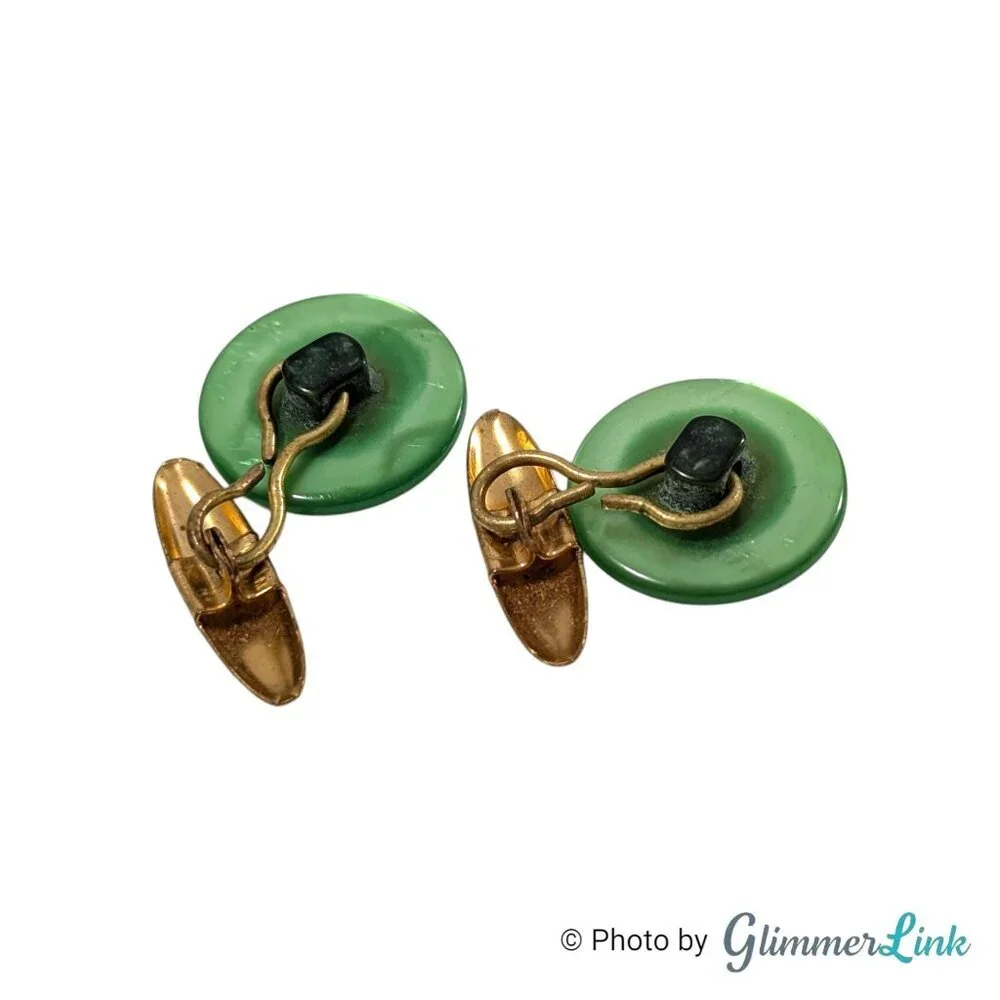 Vintage Green Button Style Cufflinks Gold Tone Mid Century